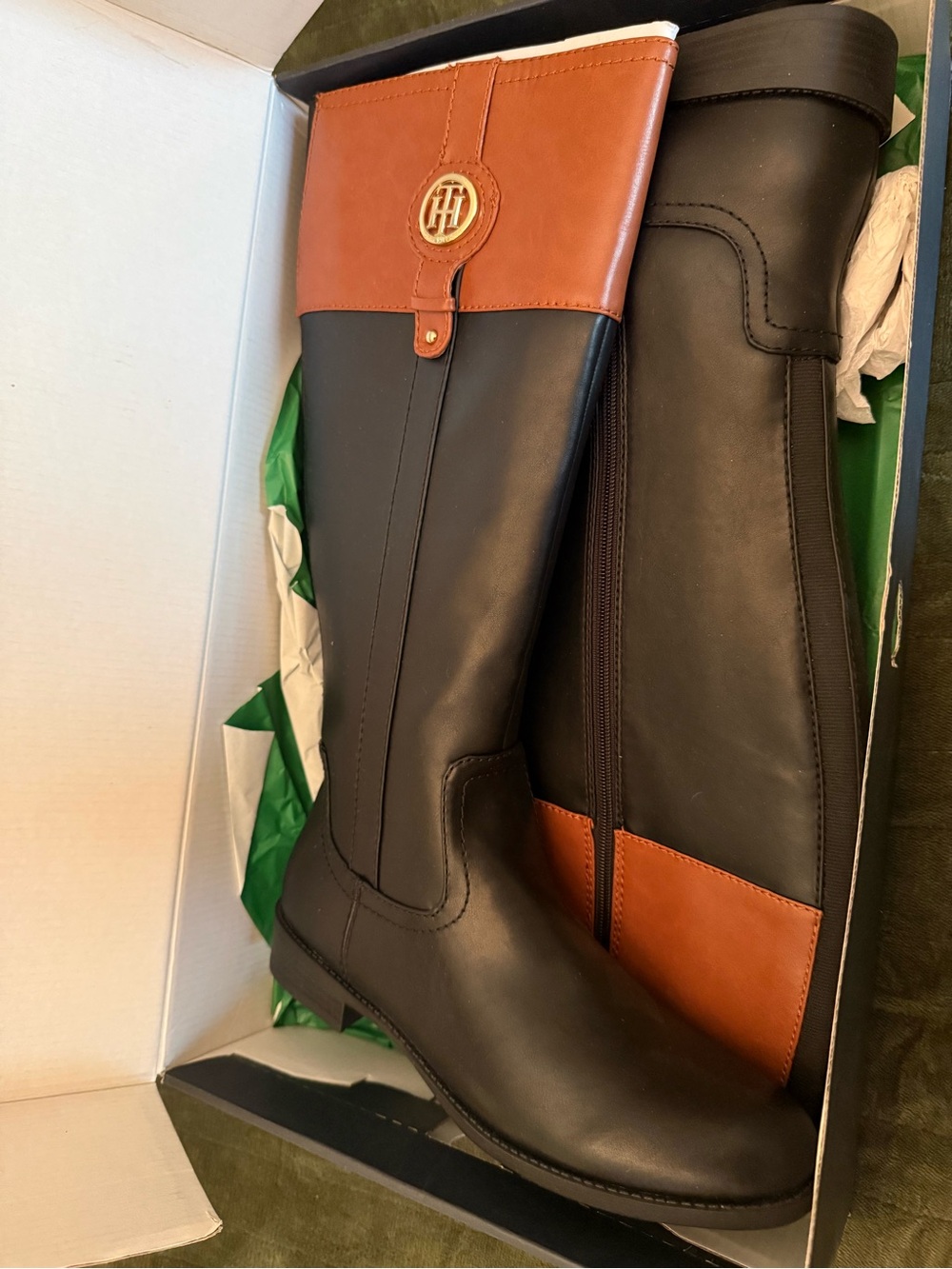 Tommy Hilfiger Black and Brown Riding Tall Boots with Logo Medallion - Picture 1 of 4